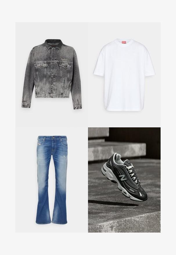 Denimjakke i vasket sort med et klassisk design, der har en læderkrave, to brystlommer og metal knapper. Blød tekstur.; Diesel BOGGY MEGOVAL - T-shirts print - white; Blå, falmede bootcut jeans med let slid på forsiden af lårene og klassisk fem-lomme design på hvid baggrund.; Sort-hvid New Balance 1000 sneaker med hvide snørebånd, svævende over en ru betonoverflade med stentrapper i baggrunden.