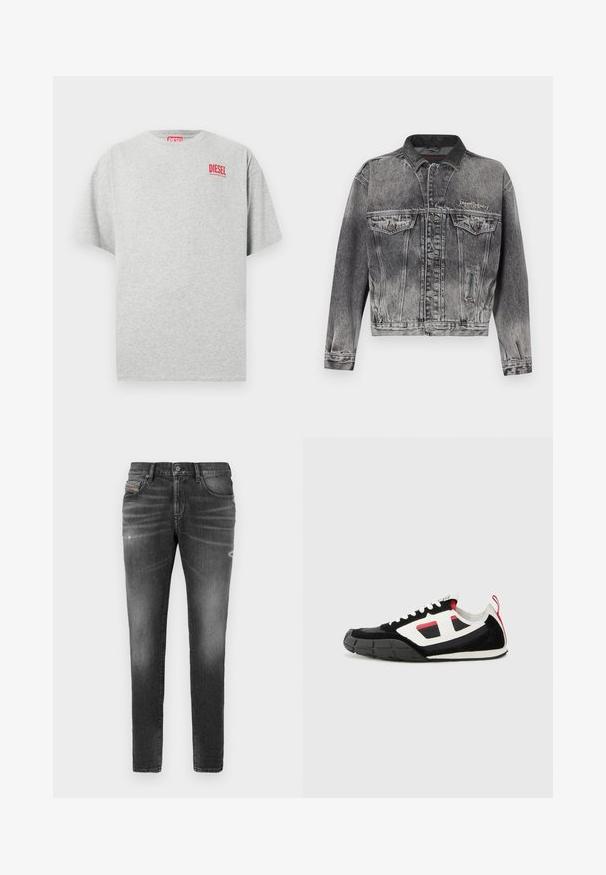 Veste en jean noire délavée avec un design classique, dotée d'un col en cuir, de deux poches poitrine et de boutons métalliques. Texture douce.; T-shirt en coton gris avec un col rond et des manches courtes. Présente un petit logo rouge « DIESEL » sur la poitrine. Texture lisse.; Jeans en denim gris à coupe slim, avec un léger effet délavé, des détails usés et une fermeture à bouton traditionnelle.; Diesel S PAGODHA LOW - Baskets basses - black