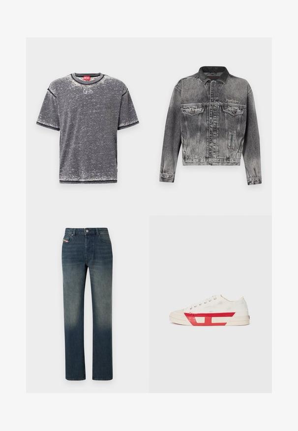 Jeansjacke in gewaschenem Schwarz mit klassischem Design, ausgestattet mit einem Lederkragen, zwei Brusttaschen und metallischen Knöpfen. Weiche Textur.; Graues kurzärmliges T-Shirt aus weichem Material. Verfügt über einen runden Ausschnitt und eine dezente, tonale Textur. Auf der Vorderseite befindet sich ein Logodetail in der Mitte.; Blaue Jeans mit geradem Bein, verwaschenem Look, Vorderseite mit Knopf- und Reißverschluss sowie Fünf-Taschen-Design.; Leinensneaker mit weißem Obermaterial, roten Gummidetails und einem strukturierten Design. Verfügt über eine runde Zehenpartie und fünf Ösen für die Schnürsenkel.