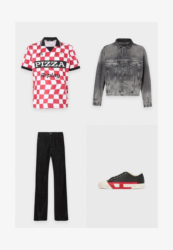 Jeansjacke in gewaschenem Schwarz mit klassischem Design, ausgestattet mit einem Lederkragen, zwei Brusttaschen und metallischen Knöpfen. Weiche Textur.; Rot-weiß kariertes Kurzarmtrikot mit schwarzem Kragen, "PIZZA"-Logo und zwei Sternen über dem Markennamen. Glatte Stofftextur.; Schwarze Kordhosen mit geradem Bein, ausgestattet mit einem Knopfverschluss, subtiler Markenkennzeichnung und zwei vorderen Taschen. Glatte Textur und einfarbige Farbe.; Schwarzer Leinensneaker mit roten Akzenten, Gummizehenschutz und weißer Sohle. Verfügt über schwarze Schnürsenkel und ein strukturiertes Design an der Seite.
