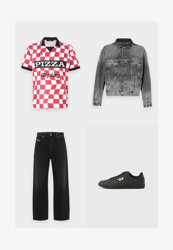 Jeansjacke in gewaschenem Schwarz mit klassischem Design, ausgestattet mit einem Lederkragen, zwei Brusttaschen und metallischen Knöpfen. Weiche Textur.; Rot-weiß kariertes Kurzarmtrikot mit schwarzem Kragen, "PIZZA"-Logo und zwei Sternen über dem Markennamen. Glatte Stofftextur.; Schwarze weit geschnittene Jeans aus Denim, mit hoher Taille, Vordertaschen und einer subtilen, verblassten Textur, ausgestattet mit einem klassischen Knopfverschluss.; Schwarze Sneakers aus synthetischem Material mit einer strukturierten schwarzen Sohle, rundem Zehenbereich und flachen schwarzen Schnürsenkeln. Auffälliges weißes Logo auf der Außenseite.