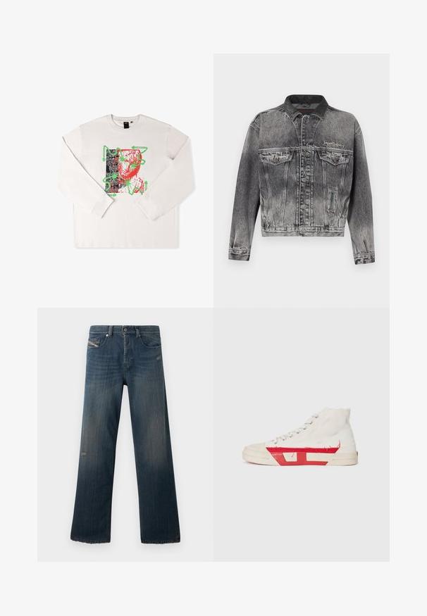 Veste en jean noire délavée avec un design classique, dotée d'un col en cuir, de deux poches poitrine et de boutons métalliques. Texture douce.; T-shirt à manches longues blanc avec un imprimé graphique aux accents rouges et verts, un design abstrait et un fond noir motif.; Jeans en denim bleu au design à jambes droites, texture délavée, ourlet effiloché et détails usés sur la poche avant et la cuisse.; Baskets montantes avec une tige en toile blanche, des accents en caoutchouc rouge et un détail d'ourlet effiloché, avec des œillets en argent et une semelle texturée.