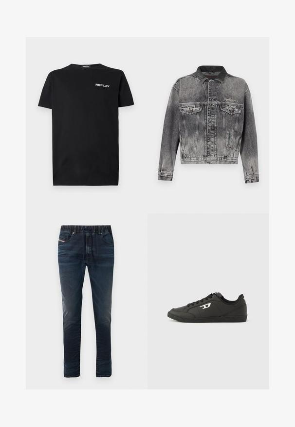 Jeansjacke in gewaschenem Schwarz mit klassischem Design, ausgestattet mit einem Lederkragen, zwei Brusttaschen und metallischen Knöpfen. Weiche Textur.; Schwarzes Baumwoll-T-Shirt mit kurzen Ärmeln und Rundhalsausschnitt, mit einem weißen "REPLAY"-Logo auf der linken Brustseite. Glatte Textur.; Dunkelblaue Jeans aus Denim mit elastischem Bund, Tunnelzugverschluss und fünf Taschen. Glatte Textur mit dezenten Verwaschungseffekten.; Schwarze Sneakers aus synthetischem Material mit einer strukturierten schwarzen Sohle, rundem Zehenbereich und flachen schwarzen Schnürsenkeln. Auffälliges weißes Logo auf der Außenseite.