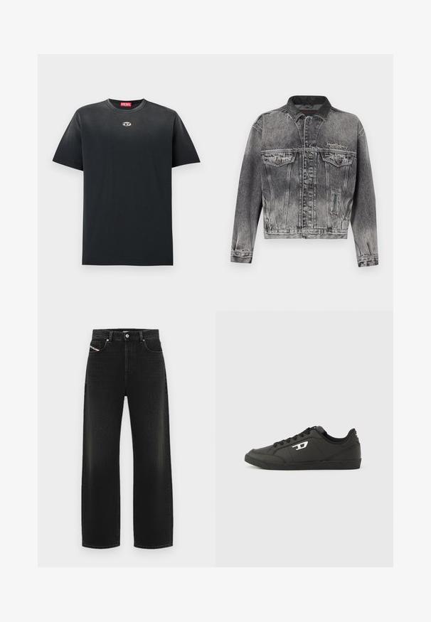 Chaqueta vaquera en negro lavado con un diseño clásico, que presenta un cuello de cuero, dos bolsillos en el pecho y botones metálicos. Textura suave.; Camiseta de algodón negra con cuello redondo, corte holgado, mangas cortas y un pequeño logo plateado en el pecho. Textura suave, diseño minimalista.; Jeans amplios negros de mezclilla, con una cintura alta, bolsillos frontales y una sutil textura desgastada, y un cierre clásico de botón.; Zapatillas deportivas negras sintéticas con suela negra texturizada, puntera redonda y cordones planos negros. Destaca un logo blanco en el lateral exterior.