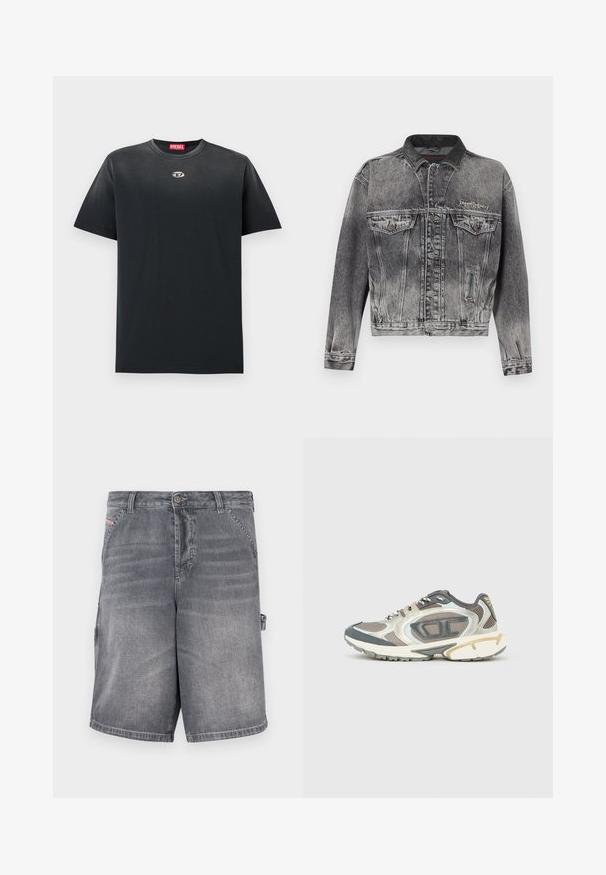 Chaqueta vaquera en negro lavado con un diseño clásico, que presenta un cuello de cuero, dos bolsillos en el pecho y botones metálicos. Textura suave.; Camiseta de algodón negra con cuello redondo, corte holgado, mangas cortas y un pequeño logo plateado en el pecho. Textura suave, diseño minimalista.; Pantalones cortos de mezclilla gris con corte recto, cinco bolsillos y detalles cosidos. Cuentan con cierre de botón y una presilla lateral para ajuste.; Zapatillas deportivas en materiales gris, blanco y beige que cuentan con una parte superior de malla, suela gruesa y detalles texturizados. Detalles reflectantes en los lados.