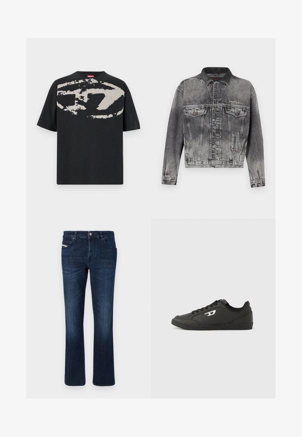 Jeansjacke in gewaschenem Schwarz mit klassischem Design, ausgestattet mit einem Lederkragen, zwei Brusttaschen und metallischen Knöpfen. Weiche Textur.; Schwarzes T-Shirt mit einem großen, abstrakten hellgrauen Grafik auf der Vorderseite. Mit kurzen Ärmeln und einem klassischen, runden Halsausschnitt. Aus Baumwolle.; Dunkelblaue Denim-Jeans mit geradem Schnitt. Verfügt über fünf Taschen, einen Metallknopfverschluss und dezente Nähte an der Gesäßtasche.; Schwarze Sneakers aus synthetischem Material mit einer strukturierten schwarzen Sohle, rundem Zehenbereich und flachen schwarzen Schnürsenkeln. Auffälliges weißes Logo auf der Außenseite.