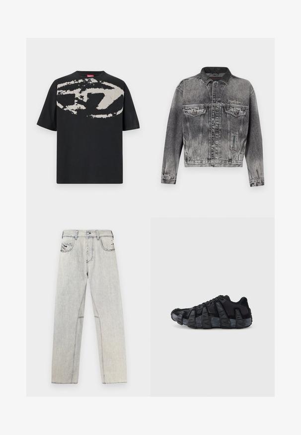 Jeansjacke in gewaschenem Schwarz mit klassischem Design, ausgestattet mit einem Lederkragen, zwei Brusttaschen und metallischen Knöpfen. Weiche Textur.; Schwarzes T-Shirt mit einem großen, abstrakten hellgrauen Grafik auf der Vorderseite. Mit kurzen Ärmeln und einem klassischen, runden Halsausschnitt. Aus Baumwolle.; Hellblaue Jeans aus Denim mit geradem Schnitt, kontrastierenden Nähten, zwei Vordertaschen und abgenutzten Details im Stoff.; Schwarzer Sneaker mit übertriebener gerippter Sohle, Schnürdesign und Obermaterial aus gemischtem Textil und Wildleder, von der Außenseite vor weißem Hintergrund gezeigt.