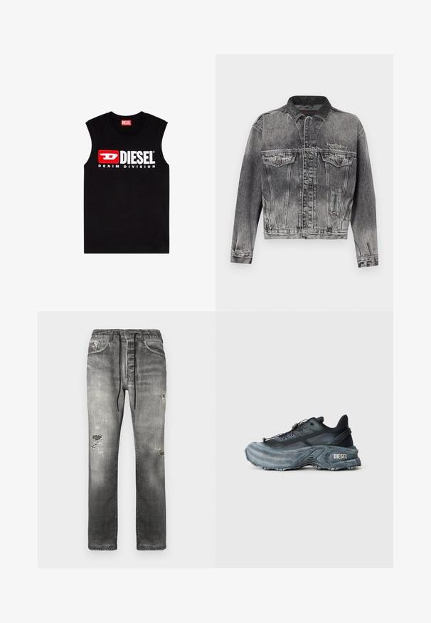 Veste en jean noire délavée avec un design classique, dotée d'un col en cuir, de deux poches poitrine et de boutons métalliques. Texture douce.; T-shirt noir sans manches en coton, arborant un logo "DIESEL" blanc prominent et une boîte d'accent rouge, avec "DENIM DIVISION" en dessous.; Jean en denim gris à coupe décontractée, présentant des zones décolorées, des détails usés et une taille avec cordon de serrage pour un confort ajustable.; Baskets Diesel noires et grises avec semelle épaisse, système de laçage à bascule et design texturé sur fond gris clair uni.