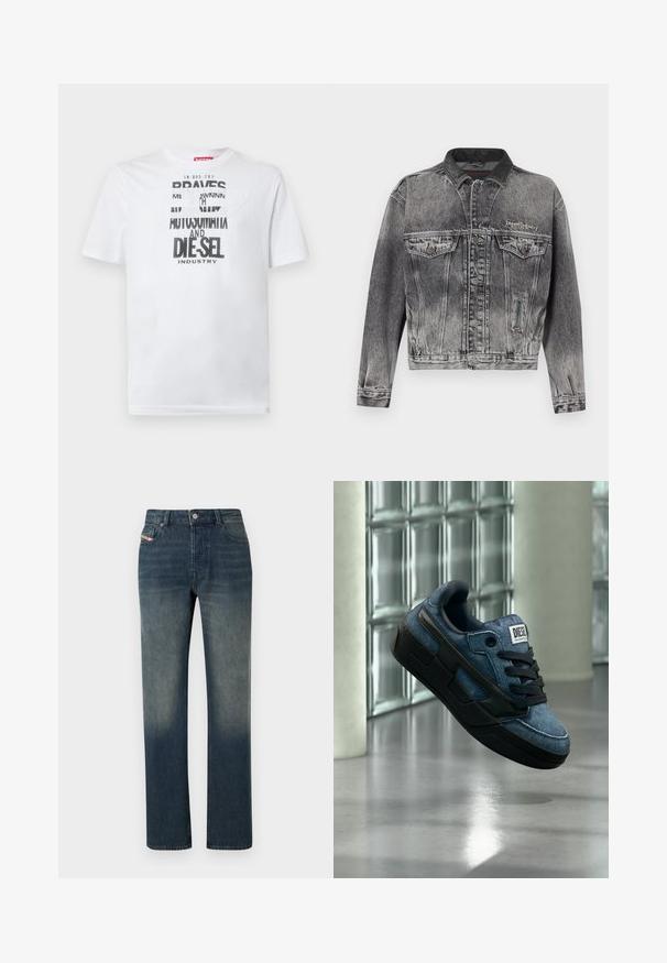 Veste en jean noire délavée avec un design classique, dotée d'un col en cuir, de deux poches poitrine et de boutons métalliques. Texture douce.; T-shirt en coton blanc avec une typographie noire audacieuse affichant les mots "BRAVES" et "DIE-SEL INDUSTRY" ainsi qu'un design découpé semi-transparent.; Jean en denim bleu à jambe droite avec lavage délavé, fermeture avant par bouton et fermeture éclair, et design à cinq poches.; Baskets Diesel bleues et noires avec lacets noirs flottant au-dessus d’un sol gris près d’un mur en blocs de verre et de colonnes blanches.