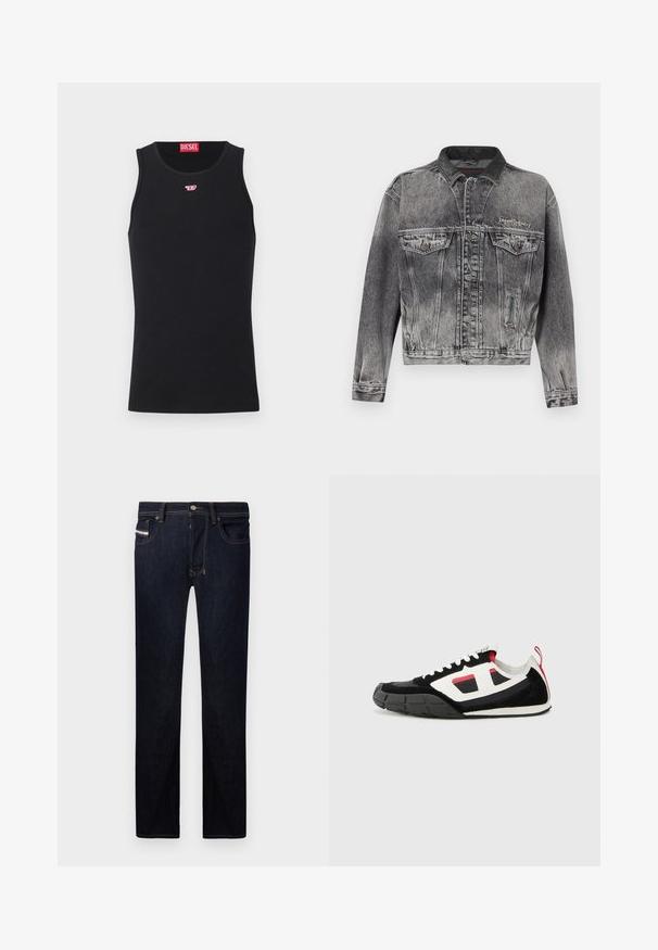 Jeansjacke in gewaschenem Schwarz mit klassischem Design, ausgestattet mit einem Lederkragen, zwei Brusttaschen und metallischen Knöpfen. Weiche Textur.; Schwarzes ärmelloses Diesel Tanktop mit kleinem roten und weißen Logo auf der Brust und rotem Diesel-Label innen im Kragen.; Dunkelblaue Jeans aus Denim mit gerader Passform, die fünf Taschen, kontrastierende Nähte und einen Metallknopfverschluss aufweisen.; Diesel S PAGODHA LOW - Sneaker low - black