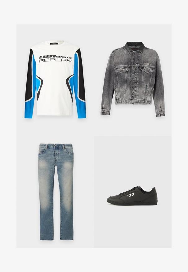 Spijkerjack in gewassen zwart met een klassiek ontwerp, voorzien van een leren kraag, twee borstzakken en metalen knopen. Zachte textuur.; Langermige sportshirt met een witte voorkant, zwart en blauwe mouwen en het logo "981 sports REPLAY" gedrukt op de borst.; Lichtblauwe denim rechte jeans met vervaagde plekken, vijf zakken en een knoopsluiting. De stof vertoont lichte veroudering en slijtageplekken.; Zwarte sneakers van synthetisch materiaal met een geribbelde zwarte zool, ronde neus en vlakke zwarte veters. Opvallend wit logomerk aan de buitenzijde.