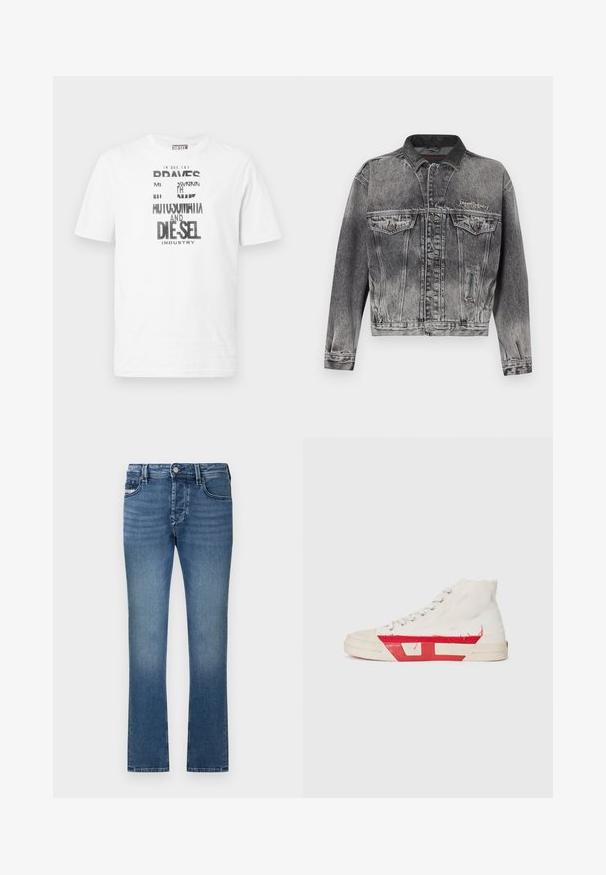 Veste en jean noire délavée avec un design classique, dotée d'un col en cuir, de deux poches poitrine et de boutons métalliques. Texture douce.; T-shirt Diesel blanc à manches courtes avec texte graphique noir et blanc et logo sur le devant, col rond et étiquette logo rouge sur la couture latérale.; Jean en denim bleu avec une coupe droite, un design à cinq poches et une finition délavée. Dispose d'une ceinture à passants et d'une fermeture à bouton métallique.; Baskets montantes avec une tige en toile blanche, des accents en caoutchouc rouge et un détail d'ourlet effiloché, avec des œillets en argent et une semelle texturée.