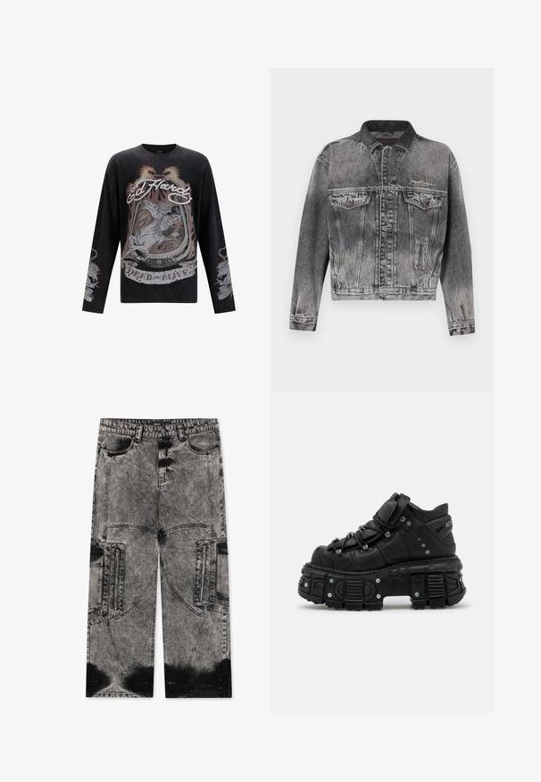Denimjakke i vasket sort med et klassisk design, der har en læderkrave, to brystlommer og metal knapper. Blød tekstur.; Sort langermet T-shirt med et detaljeret grafisk design, der inkluderer heste, flammer og teksten "Ed Hardy" og "DEAD OR ALIVE."; FAVELA BIG POCKET - Loose-jeans - black acid washed; Sorte læder høj-top sneakers med en tykk gummisål, snørebåndsdesign, polstret krave og metal accenter. Har en mønstret sål for godt greb.