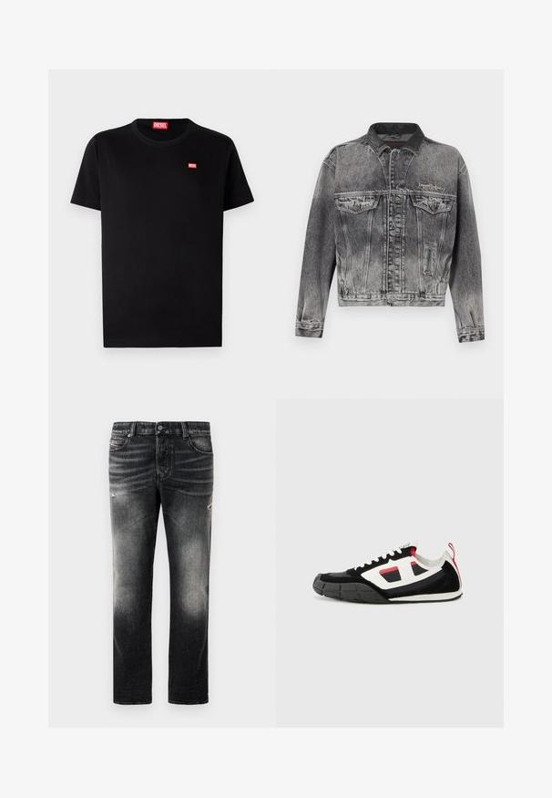 Jeansjacke in gewaschenem Schwarz mit klassischem Design, ausgestattet mit einem Lederkragen, zwei Brusttaschen und metallischen Knöpfen. Weiche Textur.; Schwarzes Baumwoll-T-Shirt mit rundem Halsausschnitt und kurzen Ärmeln. Verfügt über ein kleines rotes Diesel-Logo auf der Brust. Einfaches, klassisches Design.; Schwarze Jeans mit einem verblassten Finish und verwaschenen Akzenten, klassisches Fünf-Taschen-Design und Reißverschluss. Hergestellt aus Denim-Stoff.; Diesel S PAGODHA LOW - Sneaker low - black
