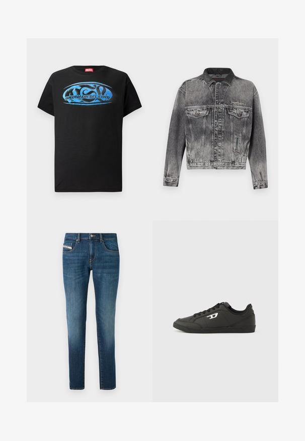 Chaqueta vaquera en negro lavado con un diseño clásico, que presenta un cuello de cuero, dos bolsillos en el pecho y botones metálicos. Textura suave.; Camiseta de manga corta negra de algodón, con un diseño gráfico azul que incluye el texto "www.diesel.com" en el frente.; Jeans de denim en azul oscuro con un ligero desgaste, diseño de pierna recta, cinco bolsillos y detalles de costura en contraste.; Zapatillas deportivas negras sintéticas con suela negra texturizada, puntera redonda y cordones planos negros. Destaca un logo blanco en el lateral exterior.