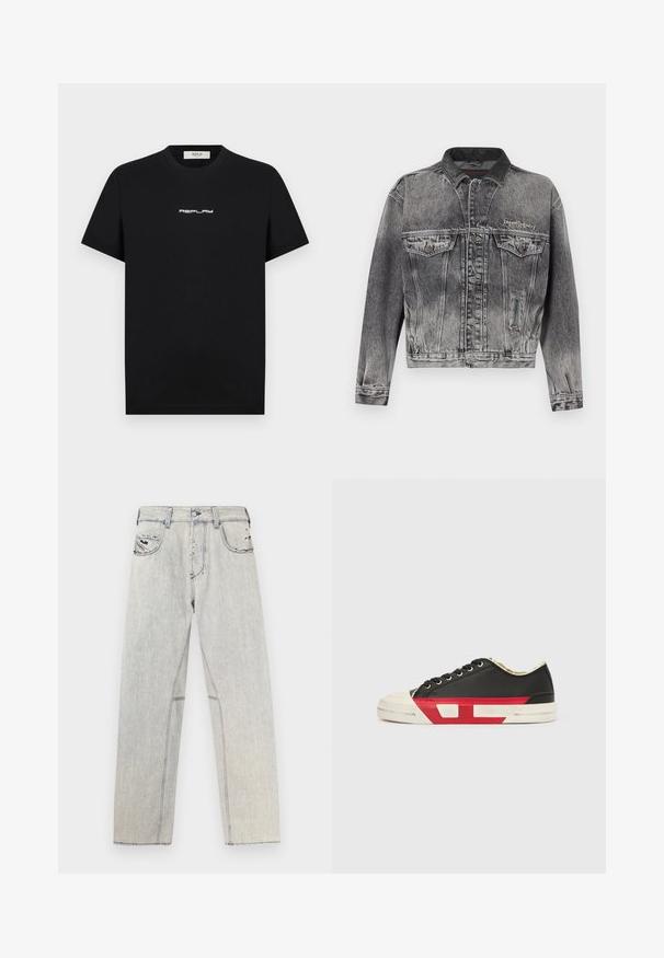 Veste en jean noire délavée avec un design classique, dotée d'un col en cuir, de deux poches poitrine et de boutons métalliques. Texture douce.; T-shirt en coton noir à manches courtes et col rond, arborant un logo blanc "REPLAY" centré sur la poitrine.; Jean en denim bleu clair coupe droite, avec des coutures contrastées, deux poches avant et des détails usés sur le tissu.; Baskets en toile noire avec des accents rouges, un bout en caoutchouc et une semelle blanche. Elles présentent des lacets noirs et un design texturé sur le côté.