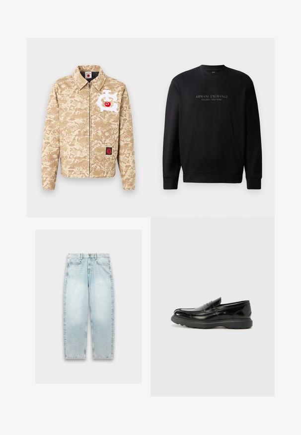 Beige Reißverschlussjacke mit hellbraunem Camouflage-Muster, weißem abstraktem Design mit rotem Apfel auf der Brust und kleinem schwarz-rotem Aufnäher nahe dem Saum.; Schwarzer Rundhalsausschnitt-Sweatshirt mit eingeprägtem Text "ARMANI EXCHANGE MILANO / NEW YORK" auf der Vorderseite. Der Stoff ist glatt mit gerippten Bündchen.; Helle blaue Denim-Jeans mit weitem Schnitt, geradem Bein, verblasster Textur, Fünf-Taschen-Design und Metallknopfverschluss am Bund.; Schwarze Lederloafer mit glanzendem Finish, abgerundetem Zehenbereich, subtilen Steppnähten und einer dicken Gummisohle für Langlebigkeit.