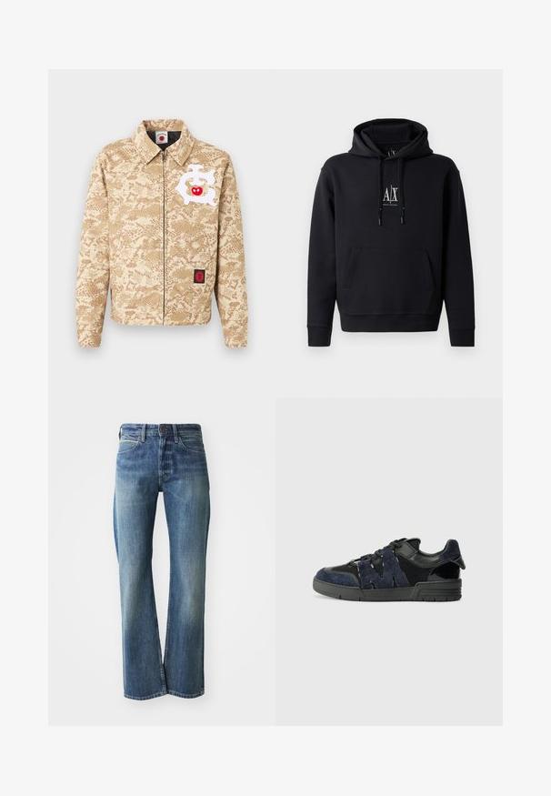 Beige jas met ritssluiting met lichtbruin camouflagepatroon, wit abstract ontwerp met rode appel op de borst en een klein zwart-rood embleem bij de zoom.; Zwarte hoodie van een zachte katoenmix, beschikt over een voorzak, trekkoordcapuchon en een klein logo op de borst. Eenvoudig, casual ontwerp.; Denim jeans in een licht tot gemiddeld blauwe kleur, met een recht gesneden pijp, klassiek vijf-pocket ontwerp en subtiele vervaging aan de voorkant.; Zwarte en marineblauwe sneakers zijn gemaakt van suede en mesh materialen, met een dikke zool en een opvallend uitgesneden "M" detail aan de zijkant.