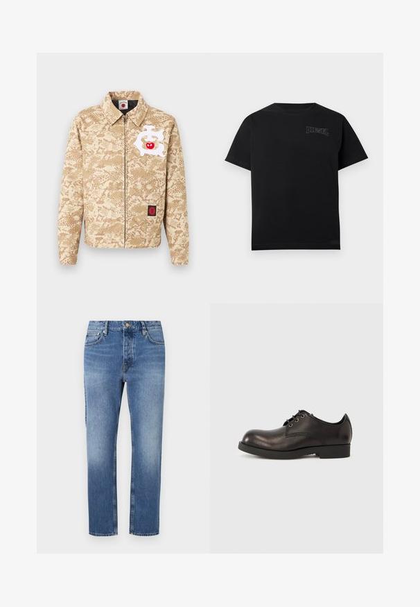 Veste beige à fermeture éclair avec motif camouflage marron clair, design abstrait blanc avec une pomme rouge sur la poitrine, et un petit patch noir-rouge près de l'ourlet.; T-shirt en coton noir à manches courtes et col rond. Présente un logo "DIESEL" brodé en blanc sur le côté supérieur gauche.; Jean en denim bleu avec une coupe droite, délavage léger, style classique à cinq poches et fermeture à bouton à l'avant.; Chaussure habillée en cuir noir avec un bout arrondi, des coutures minimales, un petit talon en caoutchouc et maintenue par des lacets noirs.