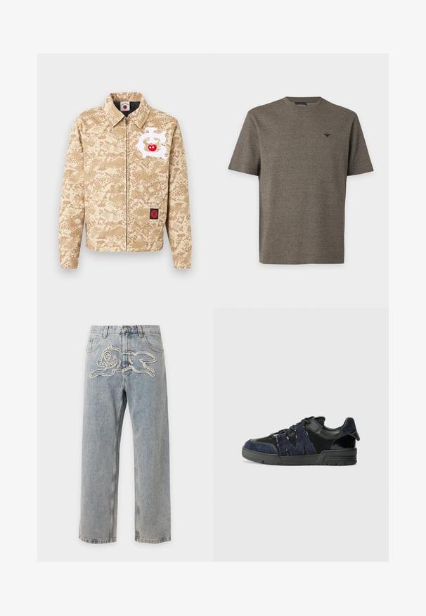 Beige Reißverschlussjacke mit hellbraunem Camouflage-Muster, weißem abstraktem Design mit rotem Apfel auf der Brust und kleinem schwarz-rotem Aufnäher nahe dem Saum.; Herren-T-Shirt mit kurzen Ärmeln und Rundhalsausschnitt in strukturiertem Olivgrün mit kleinem schwarzem Logo auf der linken Brust.; Hellblaue Denim-Jeans mit einem aufgestickten verspielten Hasendesign im vorderen Taillenbereich.; Schwarze und marineblaue Sneakers aus Wildleder und Mesh-Materialien, mit einer dicken Sohle und einem markanten Ausschnitt in Form eines "M"-Details an der Seite.