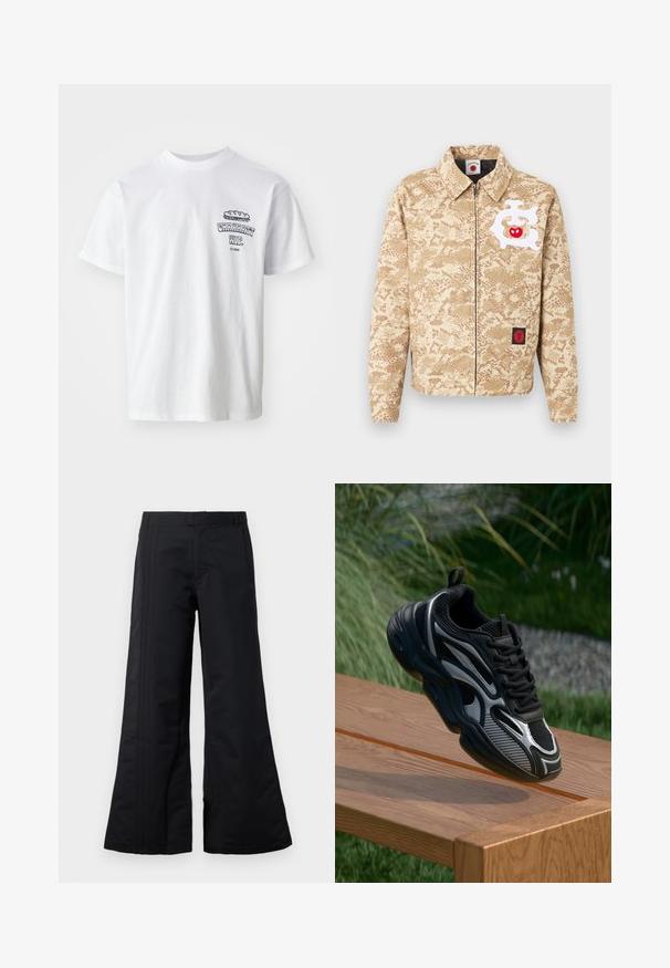 Beige jakke med lynlås, lys brun camouflage-mønster, hvidt abstrakt design med rød æble på brystet og lille sort-rød patch nær kanten.; Hvid bomulds t-shirt med korte ærmer, rund hals og et grafisk print med teksten "Carhartt WIP" samt en madillustration på brystet.; Sorte bredbenede bukser lavet af glat stof, med frontfolder og en talje. Rent design uden synlige mønstre eller dekorationer.; Sort og grå atletisk sneaker med mesh og reflekterende detaljer, balanceret på kanten af en træbænk udendørs.