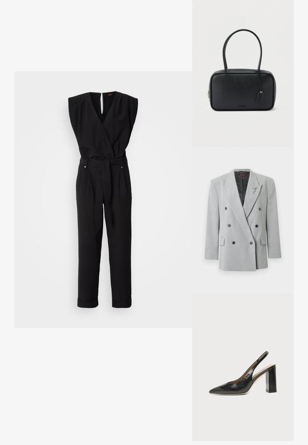 Grå dobbeltradet blazer med sorte knapper, skræddersyet pasform, hakkede revers og en dekorativ nål på venstre side.; Sort ærmeløs jumpsuit med en indviklet design, bælte i taljen, lige ben og V-udskæring. Har en nøglehul-rygåbning og sidelommer.; Sort læder peep-toe slingback sko med høj blokhæl og beige indvendig foring mod en ensfarvet lys baggrund.; Sort rektangulær håndtaske med dobbelte runde håndtag, gylden lynlås og præget "HUGO"-logo foran med fastgjort lædermærke.