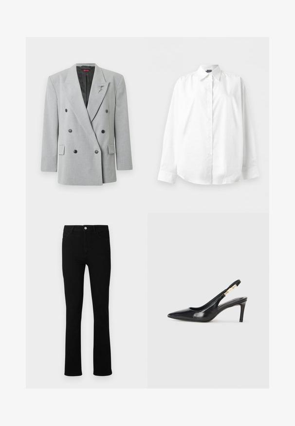 Grå dobbeltradet blazer med sorte knapper, skræddersyet pasform, hakkede revers og en dekorativ nål på venstre side.; Hvid, langærmet skjorte med knapper og spids krave, vist fladt mod en ensfarvet hvid baggrund.; Sorte denim jeans med slim fit, lige ben, frontlukning med knap, bæltestropper og to forlommer. Glat tekstur og minimal detaljer.; Sort læder slingback højhælede sko med spidse tæer, glat overflade og en smal ankelrem med guldfarvede hardware detaljer.