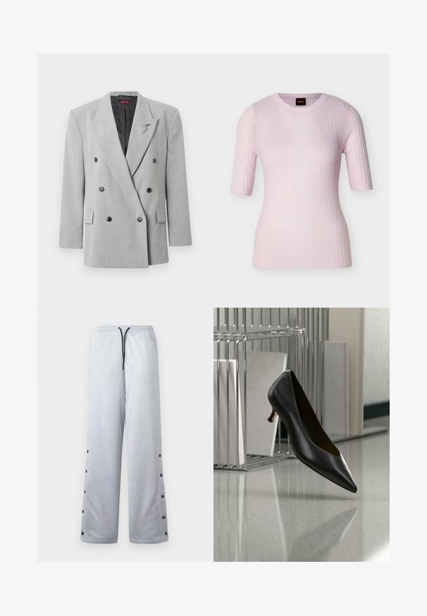 Grå dobbeltradet blazer med sorte knapper, skræddersyet pasform, hakkede revers og en dekorativ nål på venstre side.; Lyserød ribstrikket kortærmet sweater med rund hals og tætsiddende pasform, med en lille sort og orange BOSS-seddel inde i kraven.; Lys grå træningsbukser med en blank overflade, der har en elastisk talje, sort snor og trykknapper langs sidesømmene.; Sort læder sko med spids tå og lav hæl, der svæver over en grå plettet gulv, ved siden af en metal filopsamler med mapper.