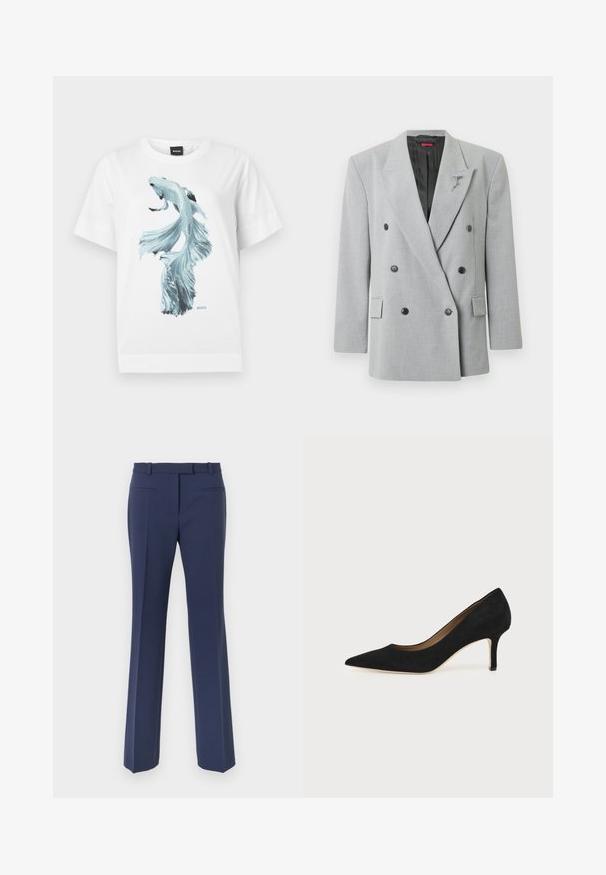 Veste grise croisée à double boutonnage avec des boutons noirs, coupe ajustée, revers crantés et une épingle décorative sur le côté gauche.; T-shirt blanc avec un graphique détaillé d'un poisson combattant bleu clair centré sur le devant et un petit logo BOSS sous le poisson.; Pantalon bleu marine à jambes droites, avec une texture lisse, des passants pour ceinture et deux poches avant.; Escarpin en daim noir à bout pointu avec un talon stiletto fin de hauteur moyenne et un design à coupe basse sur un fond uni.