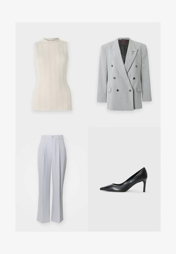 Blazer gris de doble botonadura con botones negros, corte entallado, solapas con muesca y un pin decorativo en el lado izquierdo.; Top sin mangas en un suave beige, con una textura acanalada y un escote alto y fruncido. La silueta ajustada realza la figura.; Pantalones de corte gris claro con un diseño de pierna recta, que presentan un solo pliegue delantero, cierre de botón y una textura suave y tejida.; Zapato de tacón negro de cuero con punta afilada y un tacón delgado, textura suave y sin adornos visibles. Diseño limpio con una estética minimalista.