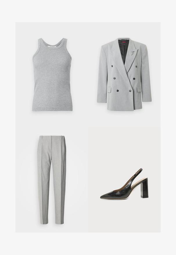 Grauer zweireihiger Blazer mit schwarzen Knöpfen, taillierter Form, gekerbtem Revers und einer dekorativen Anstecknadel auf der linken Seite.; Graues, geripptes Tanktop mit Rundhalsausschnitt und breiten Schulterträgern. Der Stoff hat eine weiche Textur und eine figurbetonte Silhouette.; Hellgraue, plissierte Hose mit maßgeschneiderter Passform. Ausgestattet mit einer strukturierten Stoffqualität, seitlichen Taschen und einem klassischen geraden Bein.; Schwarzer Leder-Slingback-Schuh mit spitzer Kappe, hohem Blockabsatz und beigegefüttertem Innenraum vor hellem, einfarbigem Hintergrund.