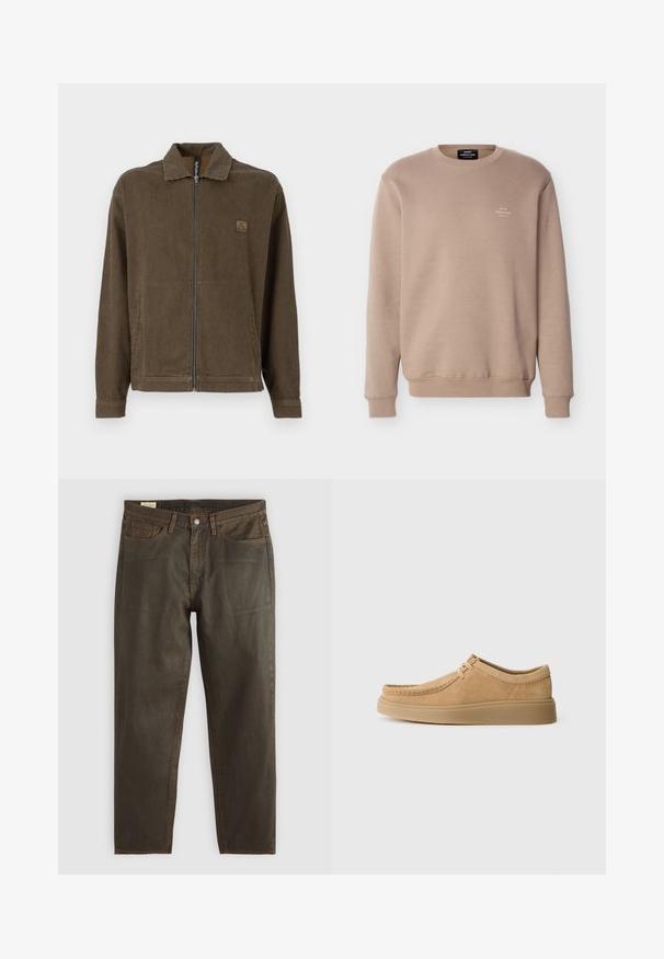 Braun und schwarz gestreifte, senkrechte Zip-Jacke mit Kragen und seitlichen Taschen, mit einem kleinen Logo-Patch auf der Brust.; Beige Sweatshirt mit Rundhalsausschnitt, langen Ärmeln, gerippten Bündchen und Saum sowie kleinem weißen "Mads Nørgaard Copenhagen"-Logo auf der linken Brust.; Dunkelgrüne Denim-Jeans mit geradem Schnitt, ausgestattet mit kupferfarbenen Nähten, einem klassischen Fünf-Taschen-Design und einem Knopfverschluss.; Wildlederschuhe mit Schnürung in hellbraun, runder Zehenform, gesteppten Details und flacher Gummisohle, die eine glatte Textur zeigen.