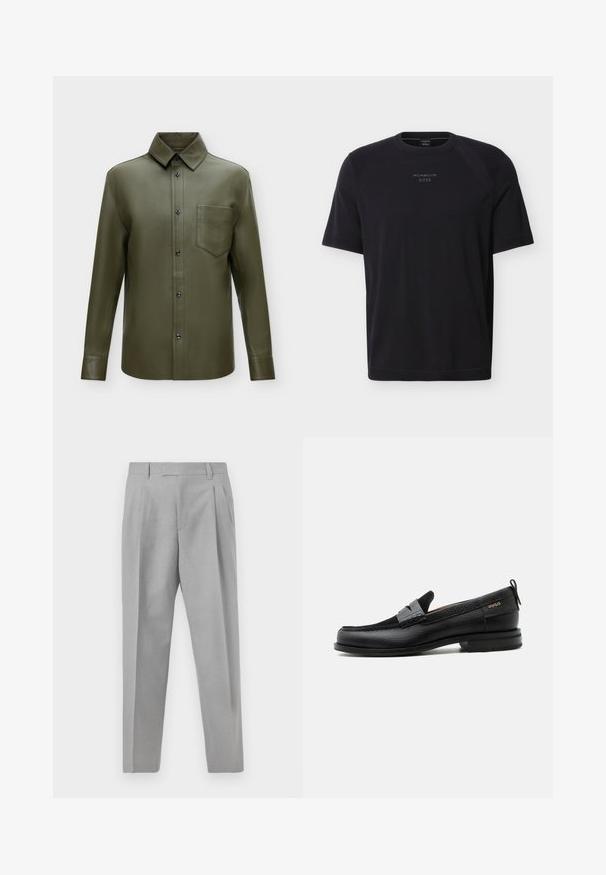 Chemise en cuir vert olive à manches longues avec boutons devant et une poche poitrine gauche avec logo brodé sur un fond uni.; T-shirt noir à manches courtes et col rond avec le logo "Porsche BOSS" centré sur la poitrine, sur un fond uni.; Pantalon gris clair ajusté avec une jambe droite, un devant plissé et une texture de tissu lisse. Conçu avec une silhouette classique et minimaliste.; Mocassin en cuir noir avec détail de bride grise, talon bas et semelle texturée, marqué "HUGO" en or sur le côté.