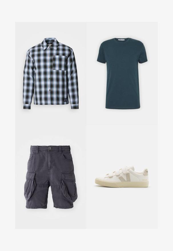 Scotch & Soda CHECK PADDED OVERSHIRT - Kerge jope - thyme / blue bonnet shadow; Tume teal lühikeste varrukatega T-särk, mis on valmistatud puuvillast, klassikalise ümarakaelusega, omades siledat tekstuuri ja ilma silmatorkavate mustrite või aktsentideta.; Tumedast hallist puuvillast valmistatud cargo-šortsid, millel on klassikaline lõige, mitmed küljetaskud ja ees nupuga sulgemine. Sile tekstuur.; Valged nahast spordijalatsid, millel on Velcro rihmad, beežid aktsendid, ümar varvas, tekstuuriga kummitald ja reljeefne logo. Minimaalses stiilis.