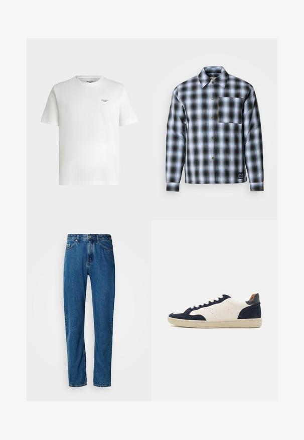 Scotch & Soda CHECK PADDED OVERSHIRT - Übergangsjacke - thyme / blue bonnet shadow; Weißes kurzärmeliges T-Shirt mit Rundhalsausschnitt und kleinem schwarzem Schriftzug „Marc O'Polo DENIM“ auf der oberen linken Brust.; Blaue gerade geschnittene Jeans aus Denim mit fünf Taschen und vorderem Knopfverschluss vor einem weißen Hintergrund.; Leder- und Wildleder-Sneaker in Marineblau und Creme mit Gummisohle, runder Zehenform und weißen Schnürsenkeln. Verfügt über perforierte Akzente an den Seiten.