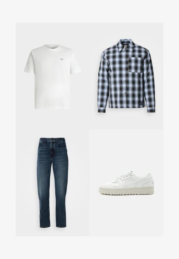 Scotch & Soda CHECK PADDED OVERSHIRT - Overgangsjakke - thyme / blue bonnet shadow; Hvid kortærmet t-shirt med rund hals og lille sort tekstlogo "Marc O'Polo DENIM" på øverste venstre bryst.; Mørkeblå lige bukser med frontknap og lynlås, fem-lomme design og subtil fading på lår og knæ.; Hvid lavtop sneakers med tyk sål, snørre foran, perforerede detaljer og polstret krave på en ensartet lys grå baggrund.