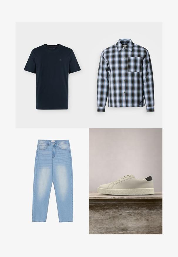 Scotch & Soda CHECK PADDED OVERSHIRT - Chaqueta de entretiempo - thyme / blue bonnet shadow; Camiseta azul marino oscuro de manga corta y cuello redondo, con un pequeño logo discreto en el pecho izquierdo sobre fondo blanco.; Vaqueros de mezclilla azul claro con un corte relajado, que cuentan con cinco bolsillos, un ligero desgaste y costuras a lo largo de las costuras.; Zapatilla blanca con suela texturizada y detalle negro en el talón, flotando sobre un banco de madera con hierba alta y verde de fondo.