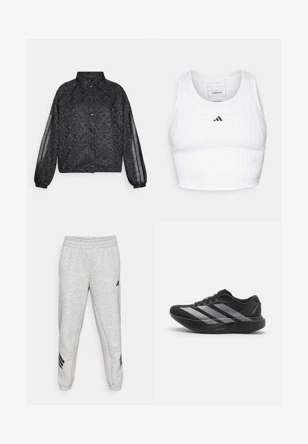 Čierna bunda s kvetinovým vzorom, s botónovým zapínaním, elastickými manžetami a vertikálnymi priesvitnými pruhmi na rukávoch.; Biely športový crop top vyrobený z ľahkej, priedušnej tkaniny. Obsahuje sieťované bočné panely a čierne vyšitý logo na hrudi.; Svetlo sivé tepláky s rebrovaným elastickým pásom, zúženými nohavicami a tromi čiernymi diagonálnymi pruhmi blízko koncov nohavíc. Hladká textúra.; Čierne bežecké topánky so striebornými pruhmi, s hrubou polstrovanou podrážkou označenou "Lightstrike Pro," bočný pohľad na bielom pozadí.
