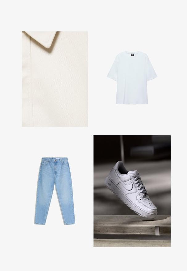 Gros plan d'un tissu texturé blanc cassé avec un col pointu et une couture verticale sur le côté gauche.; T-shirt blanc uni oversize à manches courtes avec col rond et étiquette noire à l'intérieur du col sur fond blanc.; Jean en denim bleu clair taille haute avec poches avant, passants pour ceinture et fermeture par bouton, posé à plat sur un fond blanc.; La basket Nike Air Force 1 en cuir blanc présente un embout perforé, des lacets plats et une semelle en caoutchouc texturée avec le logo « AIR » sur le côté.