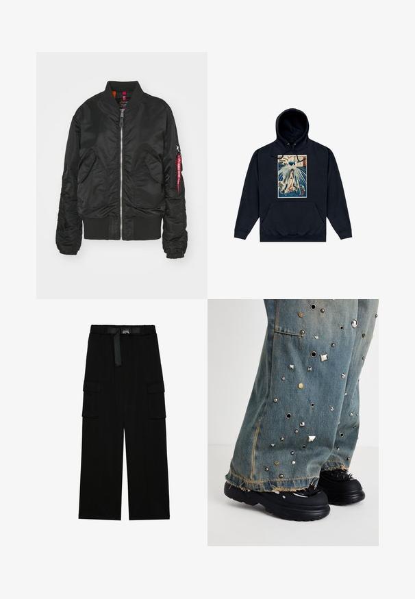Schwarze Bomberjacke mit Frontreißverschluss, zwei vorderen Klappenentaschen, gerippten Bündchen und Saum sowie einer Reißverschlusstasche am Arm mit rotem "Remove Before Flight"-Tag.; Schwarzer Hoodie mit einem zentralen Grafikdruck, der eine japanisch inspirierte Illustration einer Figur zwischen Wellen und Wolken zeigt. Kordeln an der Kapuze.; Schwarze Cargohosen mit weitem Bein, elastischem Bund und einem Gürtel sowie zwei großen Seitentaschen für zusätzlichen Stauraum.; Jeans im Schlagstil mit metallischen Nieten und Ösen. Ausgefranster Saum und sichtbare Taschen. Getragen mit klobigen schwarzen Schuhen mit Stacheln.
