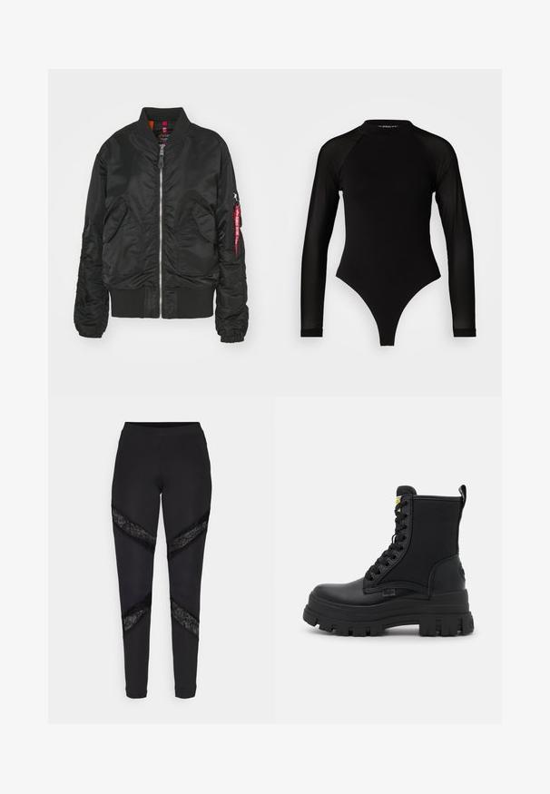 Schwarze Bomberjacke mit Frontreißverschluss, zwei vorderen Klappenentaschen, gerippten Bündchen und Saum sowie einer Reißverschlusstasche am Arm mit rotem "Remove Before Flight"-Tag.; Schwarzer Langarm-Body mit hohem Kragen, bestehend aus festem Stoff im Torso und transparenten Netzärmel, entworfen in einer körperbetonten Form.; Schwarze Leggings mit dreieckigen Ausschnitten, die an den Seiten mit schwarzer Spitze akzentuiert sind. Sie bestehen aus einem dehnbaren Stoff mit passgenauer Passform.; Schwarze High-Top-Stiefel aus einer Kombination von Leder und Stoff, mit dicker Gummisohle, Schnürung vorne und einem gelben Tag am Kragen.