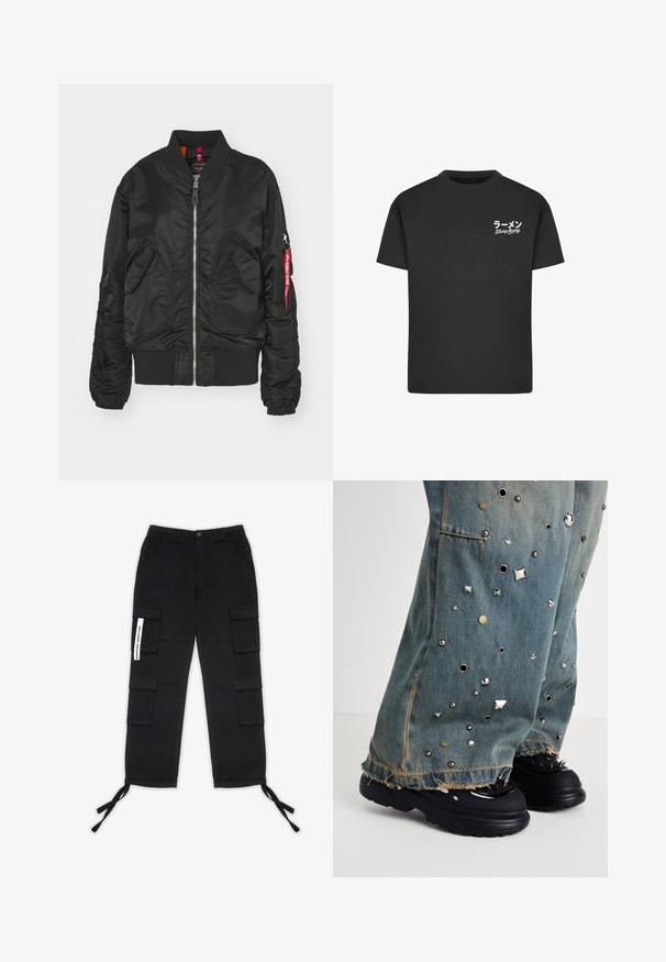 Chaqueta bomber negra con cremallera frontal, dos bolsillos de solapa en la parte delantera, puños y dobladillo acanalados, y un bolsillo en la manga con cremallera y una etiqueta roja de "Retirar antes de volar".; Camiseta de algodón negra con cuello redondo. Presenta texto en blanco, incluyendo caracteres japoneses y "Slurp Away", en el área del pecho izquierdo.; Pegador TANAMI WIDE PANTS - Pantalones cargo - black; Pantalones de mezclilla acampanados con tachuelas metálicas y ojales. Dobladillo deshilachado y bolsillos visibles. Llevados con zapatos negros de suela gruesa que presentan picos.