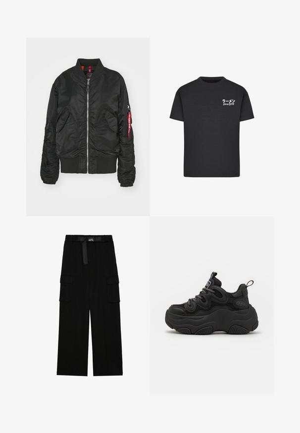 Schwarze Bomberjacke mit Frontreißverschluss, zwei vorderen Klappenentaschen, gerippten Bündchen und Saum sowie einer Reißverschlusstasche am Arm mit rotem "Remove Before Flight"-Tag.; Schwarzes Baumwoll-T-Shirt mit Rundhalsausschnitt. Mit weißem Text, einschließlich japanischer Schriftzeichen und "Slurp Away", auf der linken Brustseite.; Schwarze Cargohosen mit weitem Bein, elastischem Bund und einem Gürtel sowie zwei großen Seitentaschen für zusätzlichen Stauraum.; Schwarzer Sneaker mit chunky Design, featuring einem strukturierten Obermaterial, Mesh-Einsätzen und einer dicken Gummisohle. Reflexionsschnürsenkel und sichtbare Markendetails.