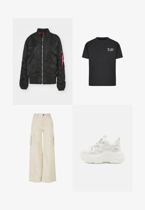 Chaqueta bomber negra con cremallera frontal, dos bolsillos de solapa en la parte delantera, puños y dobladillo acanalados, y un bolsillo en la manga con cremallera y una etiqueta roja de "Retirar antes de volar".; Camiseta de algodón negra con cuello redondo. Presenta texto en blanco, incluyendo caracteres japoneses y "Slurp Away", en el área del pecho izquierdo.; Pantalones cargo de pierna ancha color beige, fabricados en algodón, con dos grandes bolsillos laterales, cierre de botón en la parte delantera y un dobladillo limpio.; Zapatillas deportivas blancas y voluminosas que cuentan con una parte superior de malla y sintética, forma curvada, suela texturizada y un sistema de cordones destacado con detalles del logotipo.