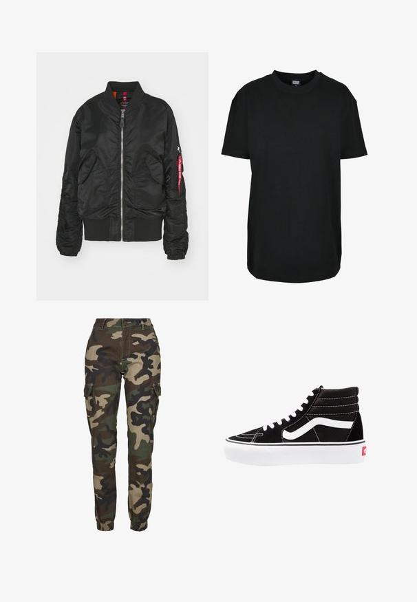 Zwarte bomberjack met een ritssluiting aan de voorkant, twee voorflapzakken, ribgebreide manchetten en onderkant, en een ritssluiting op de mouw met een rode "Remove Before Flight" tag.; Zwart T-shirt met korte mouwen en ronde hals in maat XS met "Urban Classics" label aan de binnenkant van de kraag.; Camo cargo pants in tinten van groen, bruin en zwart; voorzien van elastische boorden, zijvakken en een veilige knoopsluiting.; Zwarte high-top sneakers met witte veters, een wit logo en contrasterende witte stiksels. Heeft een dikke witte zool en een bovenwerk van gestructureerd suede.