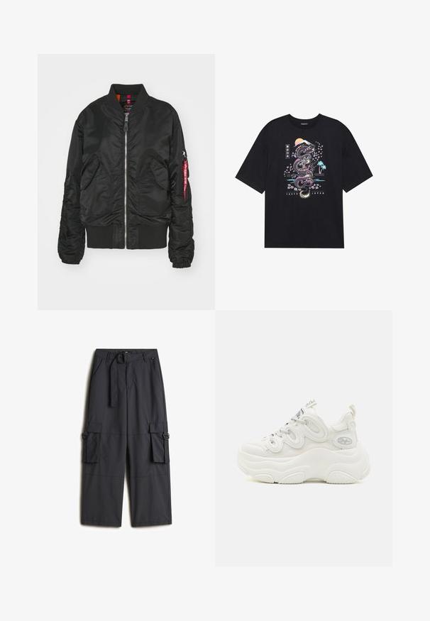 Chaqueta bomber negra con cremallera frontal, dos bolsillos de solapa en la parte delantera, puños y dobladillo acanalados, y un bolsillo en la manga con cremallera y una etiqueta roja de "Retirar antes de volar".; Camiseta negra con un gráfico colorido de un dragón, flores de cerezo, sol y montaña. El texto dice "Tokio Japón" debajo del diseño.; Pantalones cargo de un gris oscuro, hechos de una tela ligera, que cuentan con un cinturón de hebilla redonda, dos bolsillos laterales y dos bolsillos cargo.; Zapatillas deportivas blancas y voluminosas que cuentan con una parte superior de malla y sintética, forma curvada, suela texturizada y un sistema de cordones destacado con detalles del logotipo.