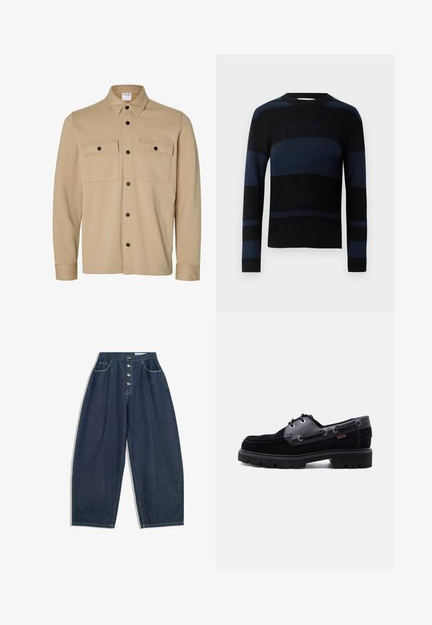 Beige overhemdjack met lange mouwen, zwarte drukknopen, twee voorzakken met klep en een klassieke kraag van het merk Selected Homme.; Geribbelde gebreide trui met horizontale zwarte en donkerblauwe strepen, lange mouwen en een ronde halslijn.; Donkerblauwe denim brede broek met een hoge taille, vijfknopen sluiting en vijf zakken. Heeft stiksels op de naden.; Zwarte leren en suède bootschoen met dikke profielzool, veteroogjes en zijstiksels op een effen lichte achtergrond.