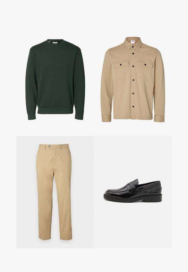 Beige Hemdjacke mit langen Ärmeln, schwarzen Druckknöpfen, zwei vorderen Klappentaschen und klassischem Kragen von der Marke Selected Homme.; Dunkelgrünes Sweatshirt mit langen Ärmeln und Rundhalsausschnitt, mit gerippten Bündchen und Saum, schlichtes Design ohne sichtbare Logos oder Muster.; Beige Hosen aus Baumwollmischung mit geradem Bein, vorderen Taschen und Knopfverschluss. Glatte Textur und umgeschlagene Säume.; Schwarze Lederloafers mit glatter Oberfläche, abgerundetem Zehenbereich, niedrigem Absatz und dekorativer Naht entlang der Vorderseite. Gummisohle für guten Halt.