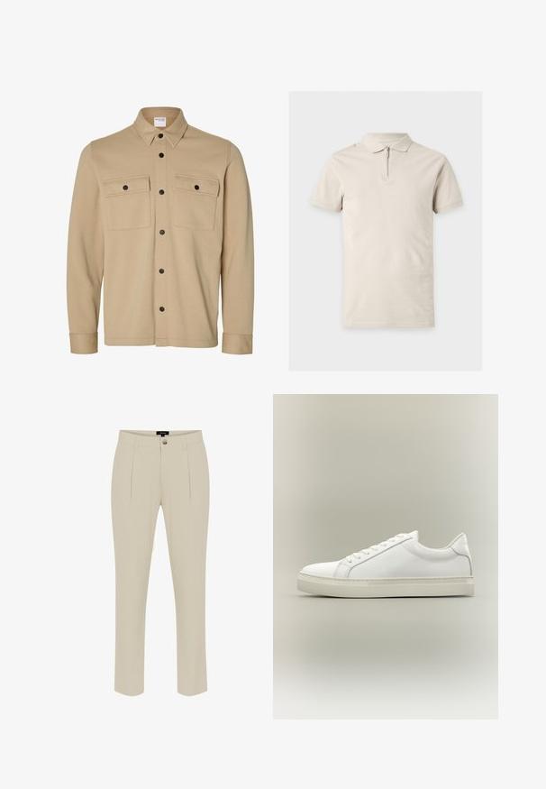 Beige overhemdjack met lange mouwen, zwarte drukknopen, twee voorzakken met klep en een klassieke kraag van het merk Selected Homme.; Beige polo met korte mouwen, een kraag en een rits aan de voorkant, getoond op een effen lichte achtergrond.; Beige op maat gemaakte broek met een gladde textuur, voorzien van een knoopsluiting, voorplooien en taps toelopende pijpen.; Witte lage sneaker met veters aan de voorkant en dikke zool, zijaanzicht tegen een neutrale achtergrond.