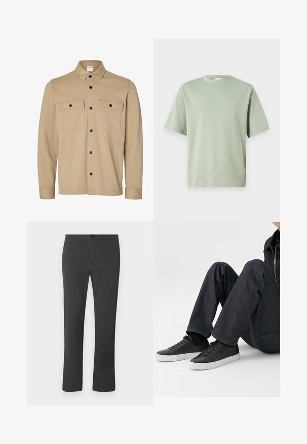 Veste-chemise beige manches longues avec boutons-pression noirs, deux poches avant à rabat et un col classique de la marque Selected Homme.; T-shirt en coton vert clair avec un col rond et des manches courtes. Le tissu a une texture lisse et n'est pas orné de motifs.; Pantalon noir en tissu lisse, avec une coupe droite, fermeture éclair, bouton et passants de ceinture. Style basique et fonctionnel.; Personne assise avec les jambes pliées, portant un jean bleu foncé et des baskets basses noires avec des semelles blanches sur fond blanc.